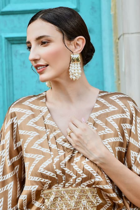 Karaj Jaipur_Brown Gingham Sequins V-neck Chevron Print Kaftan_at_Aza_Fashions