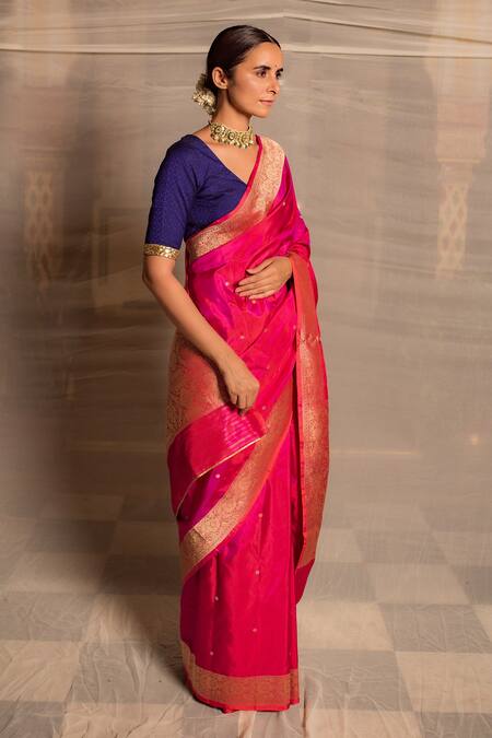 Shop_Priyanka Raajiv_Pink Banarasi Silk Vintage Gold Floral Jaal And Multi Color Bhairavi Saree _Online_at_Aza_Fashions
