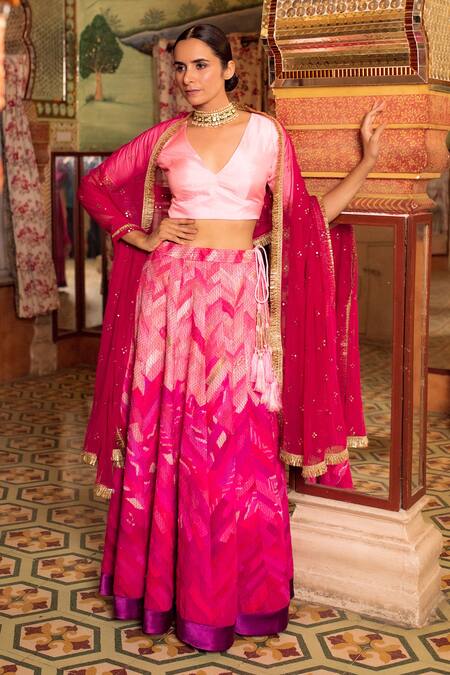 Buy_Priyanka Raajiv_Pink Silk, Cotton, Tissue, Satin, Brocade, Indira Embroidered Lehenga Set _Online_at_Aza_Fashions