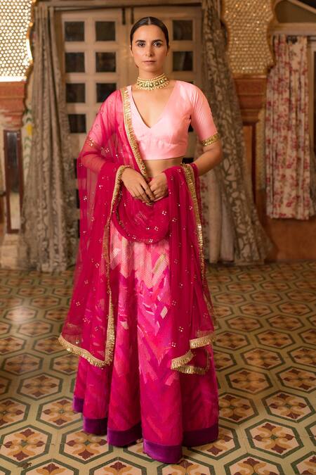 Shop_Priyanka Raajiv_Pink Silk, Cotton, Tissue, Satin, Brocade, Indira Embroidered Lehenga Set _Online_at_Aza_Fashions
