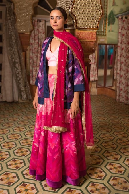 Buy_Priyanka Raajiv_Purple Silk, Satin, Brocade, Cotton And Chakori Chevron Pattern Patch Jacket _Online_at_Aza_Fashions