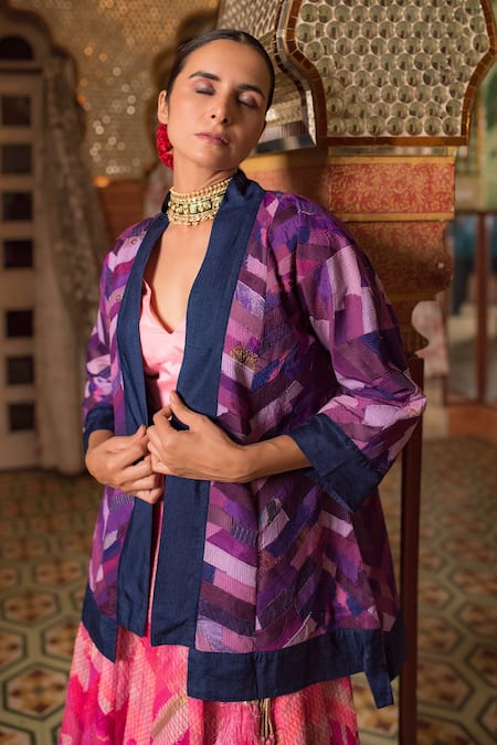 Shop_Priyanka Raajiv_Purple Silk, Satin, Brocade, Cotton And Chakori Chevron Pattern Patch Jacket _Online_at_Aza_Fashions