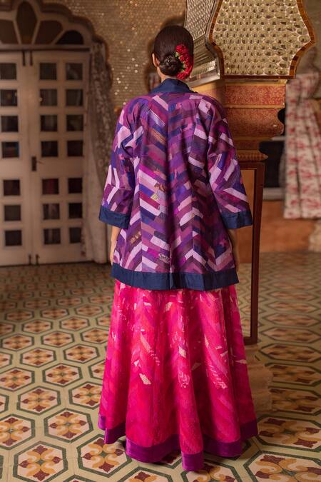 Priyanka Raajiv_Purple Silk, Satin, Brocade, Cotton And Chakori Chevron Pattern Patch Jacket _at_Aza_Fashions