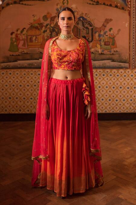 Priyanka Raajiv_Orange Silk, Cotton, Dupatta Tulle Mukaish And Kiran Garima Ombre Lehenga Set_Online_at_Aza_Fashions