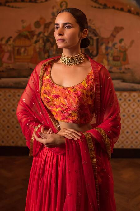 Shop_Priyanka Raajiv_Orange Silk, Cotton, Dupatta Tulle Mukaish And Kiran Garima Ombre Lehenga Set_Online_at_Aza_Fashions