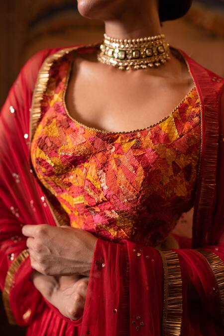 Priyanka Raajiv_Orange Silk, Cotton, Dupatta Tulle Mukaish And Kiran Garima Ombre Lehenga Set_at_Aza_Fashions