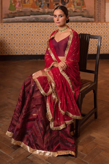 Buy_Priyanka Raajiv_Red Silk, Satin, Brocade, Cotton And Handwoven Tissue, Girija Patch Lehenga Set _Online_at_Aza_Fashions