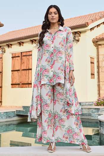 Palak & Mehak Multi Color Crepe Collared Ria Vintage Floral Print Tunic With Pant Online at Aza Fashions Palak & Mehak_Multi Color Crepe Collared Ria Vintage Floral Print Tunic With Pant _Online_at_Aza_Fashions