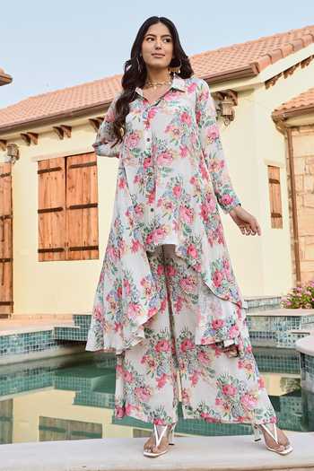 Shop Palak & Mehak Multi Color Crepe Collared Ria Vintage Floral Print Tunic With Pant Online at Aza Fashions Shop_Palak & Mehak_Multi Color Crepe Collared Ria Vintage Floral Print Tunic With Pant _Online_at_Aza_Fashions