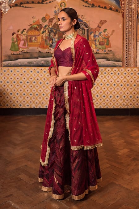 Shop_Priyanka Raajiv_Red Silk, Satin, Brocade, Cotton And Handwoven Tissue, Girija Patch Lehenga Set _Online_at_Aza_Fashions
