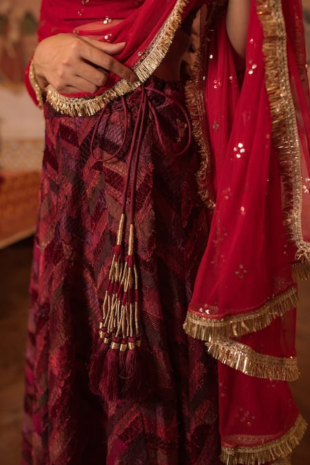 Priyanka Raajiv_Red Silk, Satin, Brocade, Cotton And Handwoven Tissue, Girija Patch Lehenga Set _at_Aza_Fashions