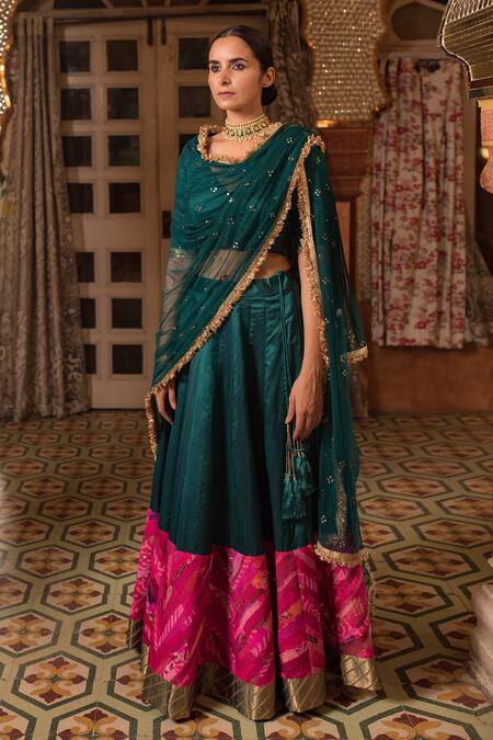 Buy_Priyanka Raajiv_Green Silk, Cotton, Tissue, Satin, Jayalakshmi Patchwork Embroidered Lehenga Set _Online_at_Aza_Fashions