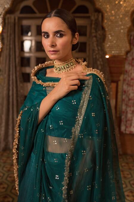 Shop_Priyanka Raajiv_Green Silk, Cotton, Tissue, Satin, Jayalakshmi Patchwork Embroidered Lehenga Set _Online_at_Aza_Fashions