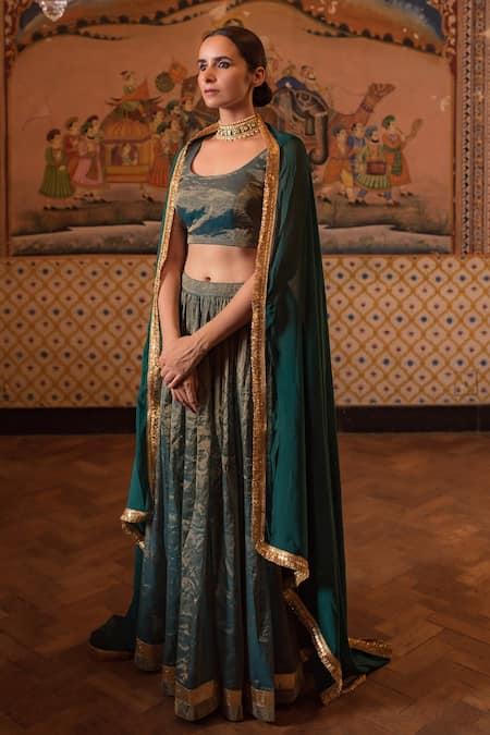 Buy_Priyanka Raajiv_Green Chiffon, Chanderi Silk Tissue Round Pramsu Lehenga Set _Online_at_Aza_Fashions