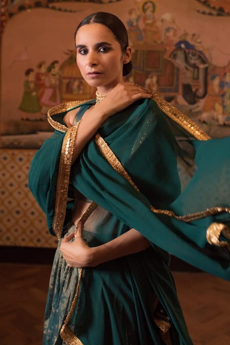 Priyanka Raajiv_Green Chiffon, Chanderi Silk Tissue Round Pramsu Lehenga Set _at_Aza_Fashions
