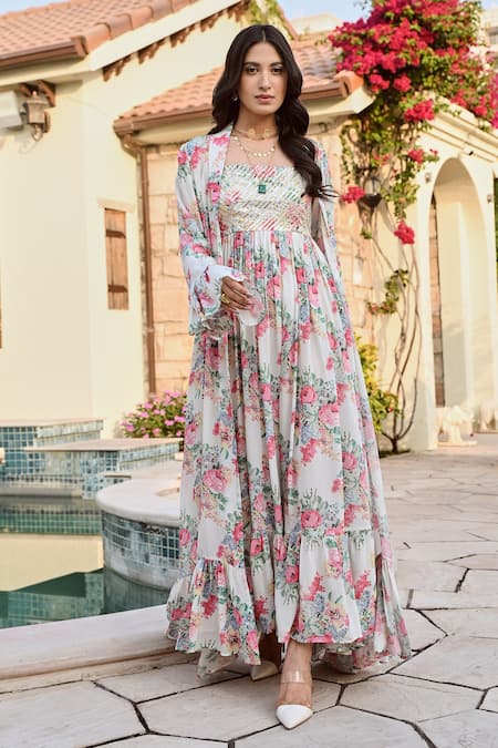 Palak & Mehak Off White Crepe Gota Patti, Embroidery Ifat Flower Print Anarkali With Jacket Online at Aza Fashions Palak & Mehak_Off White Crepe Gota Patti, Embroidery Ifat Flower Print Anarkali With Jacket _Online_at_Aza_Fashions