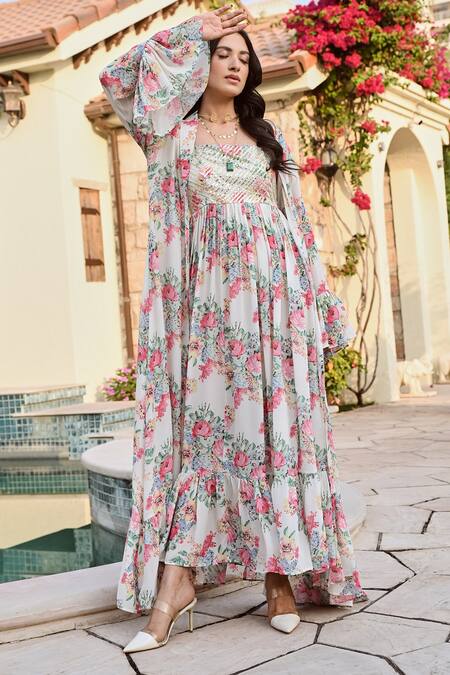 Buy Palak & Mehak Off White Crepe Gota Patti, Embroidery Ifat Flower Print Anarkali With Jacket Online at Aza Fashions Buy_Palak & Mehak_Off White Crepe Gota Patti, Embroidery Ifat Flower Print Anarkali With Jacket _Online_at_Aza_Fashions