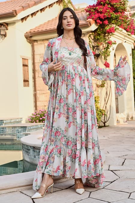 Shop Palak & Mehak Off White Crepe Gota Patti, Embroidery Ifat Flower Print Anarkali With Jacket Online at Aza Fashions Shop_Palak & Mehak_Off White Crepe Gota Patti, Embroidery Ifat Flower Print Anarkali With Jacket _Online_at_Aza_Fashions