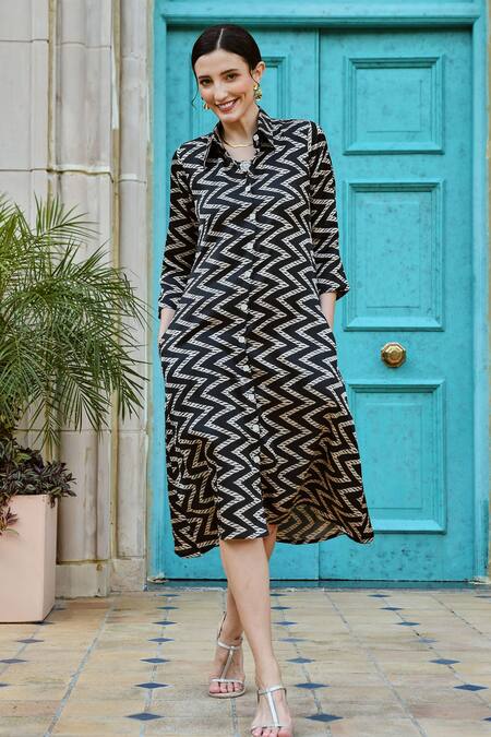 Karaj Jaipur_Black Gazi Silk Chevron Shirt Collar Pattern Midi Dress_Online_at_Aza_Fashions