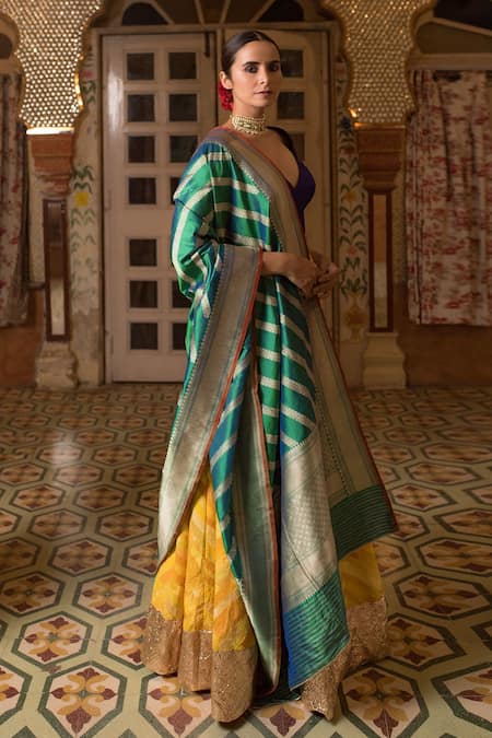 Priyanka Raajiv_Yellow Silk, Satin, Brocade, Cotton And Handwoven Tissue, Hema Patch Lehenga Set _Online_at_Aza_Fashions