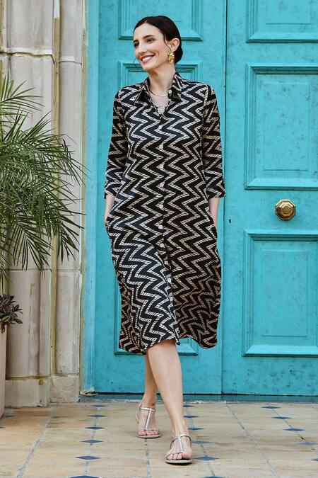Buy_Karaj Jaipur_Black Gazi Silk Chevron Shirt Collar Pattern Midi Dress_Online_at_Aza_Fashions