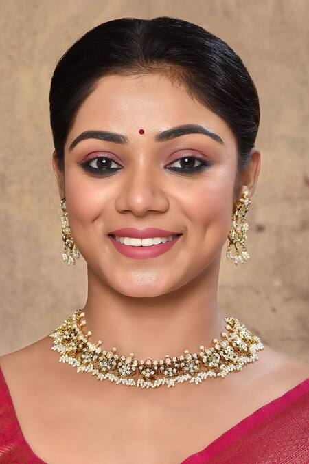 Zevar By Geeta_Gold Plated Pearls Jadau And Embellished Choker Set_at_Aza_Fashions