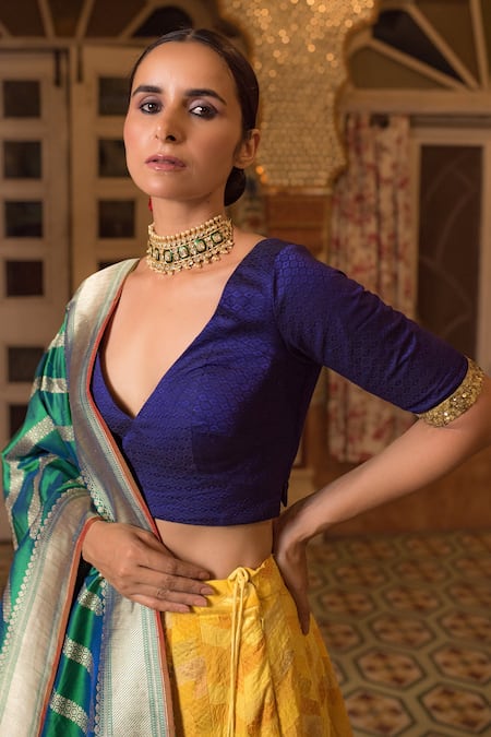 Buy_Priyanka Raajiv_Yellow Silk, Satin, Brocade, Cotton And Handwoven Tissue, Hema Patch Lehenga Set _Online_at_Aza_Fashions