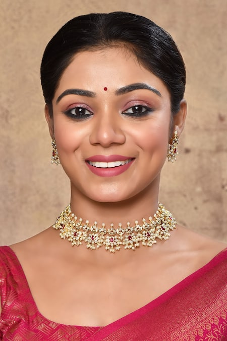 Zevar By Geeta_Gold Plated Stones, Pearls Cut Work Pattern Choker Jadau Necklace Set _at_Aza_Fashions