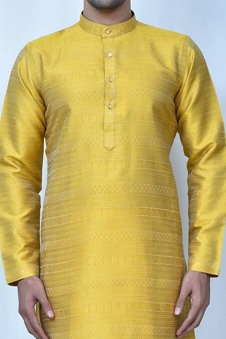 Buy_Arihant Rai Sinha_Yellow Jacquard, Silk Embroidery Floral Stripe Pattern Kurta Set_Online_at_Aza_Fashions
