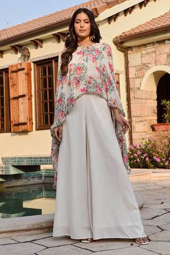 Palak & Mehak_White Cotton, Crepe Sophia Vintage Floral Print Cape And Flared Pant Set _Online_at_Aza_Fashions