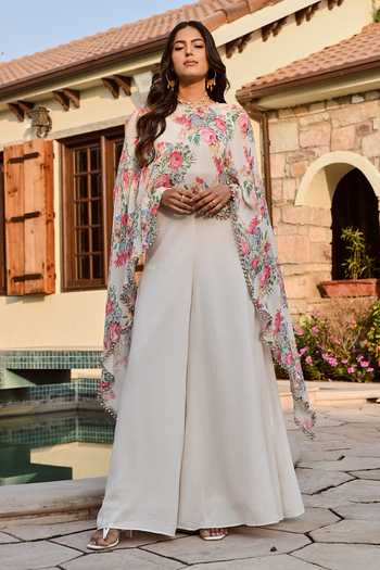 Buy_Palak & Mehak_White Cotton, Crepe Sophia Vintage Floral Print Cape And Flared Pant Set _Online_at_Aza_Fashions