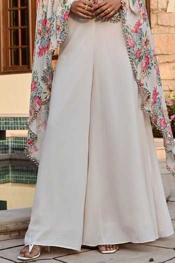 Buy_Palak & Mehak_White Cotton, Crepe Sophia Vintage Floral Print Cape And Flared Pant Set 
