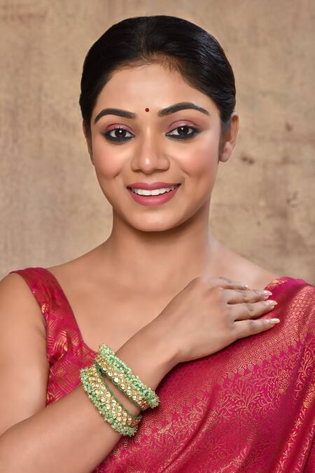 Shop_Studio6 Jewels_Green Beads, Diamonds Kundan Embellished Bangles - Set Of 2 _Online_at_Aza_Fashions