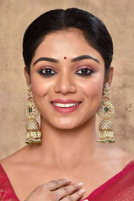 Shop_Studio6 Jewels_Green Diamonds, Pearls Kundan Embellished Jhumkis _Online_at_Aza_Fashions