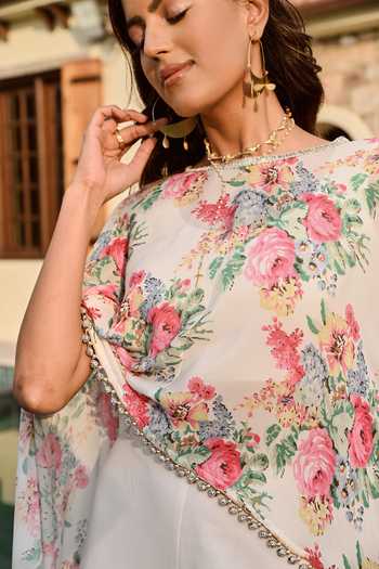 Palak & Mehak_White Cotton, Crepe Sophia Vintage Floral Print Cape And Flared Pant Set _at_Aza_Fashions