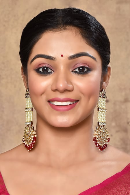 Shop_Studio6 Jewels_Red Pearls, Diamonds, Stones Floral Pattern Dangler Earrings _Online_at_Aza_Fashions