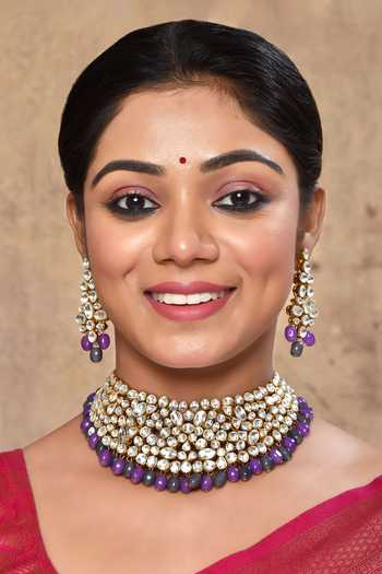 Studio6 Jewels_Purple Beads, Diamonds Kundan Embellished Choker Set _at_Aza_Fashions