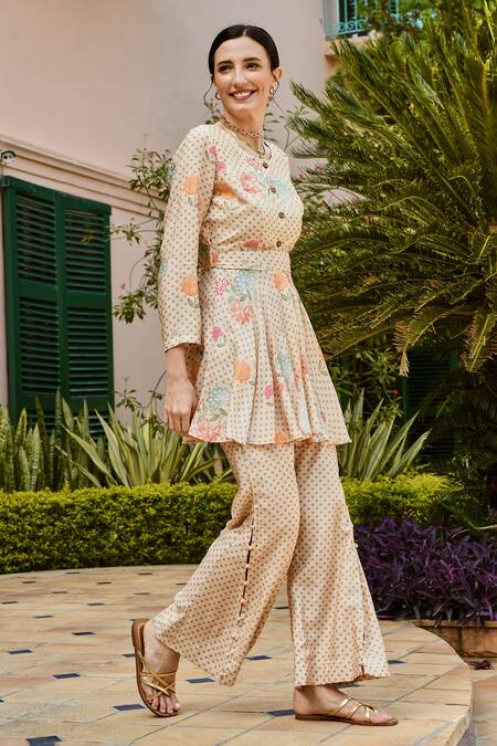 Buy_Karaj Jaipur_Cream Muslin Floral And Polka Dot Round & Pattern Top With Pant