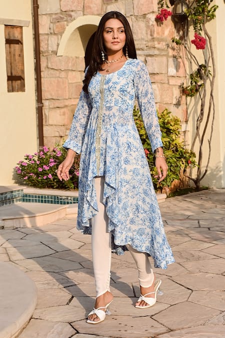 Beautiful asymmetric up to down hem Georgette-Silk Kurti with tulip pant.  Embellished with hand embroi… | Set dress, Colorful dresses, Latest kurti  designs pattern