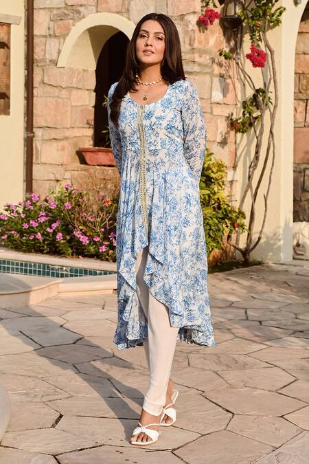 Shop Palak & Mehak Ivory Crepe, Cotton Mishika Floral Print Tunic With Straight Tulip Pants Online at Aza Fashions Shop_Palak & Mehak_Ivory Crepe, Cotton Mishika Floral Print Tunic With Straight Tulip Pants _Online_at_Aza_Fashions
