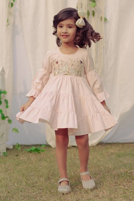 Bagichi_Pink Cotton, Corduroy Embroidery Eloise Bunny And Garden Dress _Online_at_Aza_Fashions
