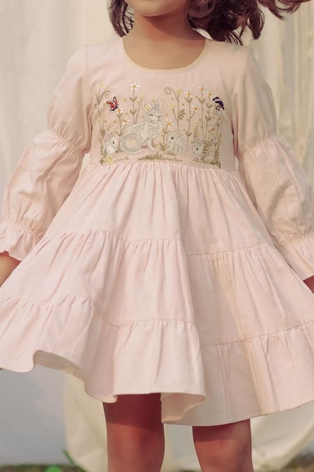 Buy_Bagichi_Pink Cotton, Corduroy Embroidery Eloise Bunny And Garden Dress _Online_at_Aza_Fashions