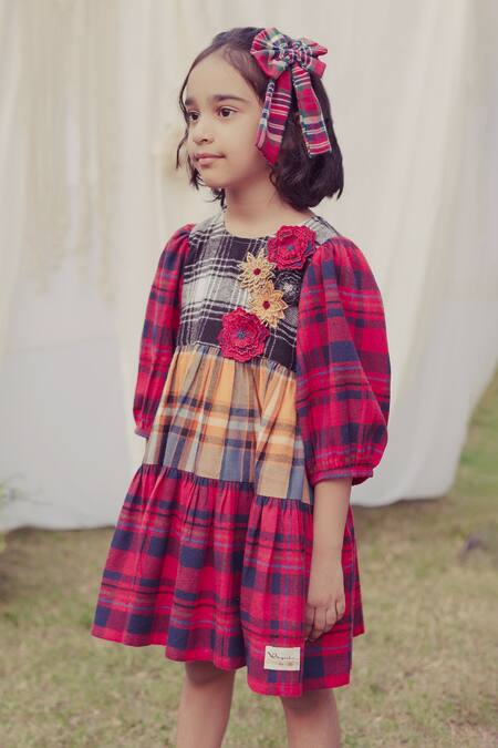 Bagichi_Red Cotton, Flannel Fabric Flowers Gisele Puff Sleeve Dress _Online_at_Aza_Fashions