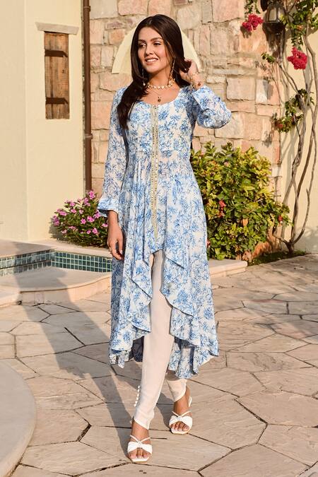 Buy Palak & Mehak Ivory Crepe, Cotton Mishika Floral Print Tunic With Straight Tulip Pants Buy_Palak & Mehak_Ivory Crepe, Cotton Mishika Floral Print Tunic With Straight Tulip Pants