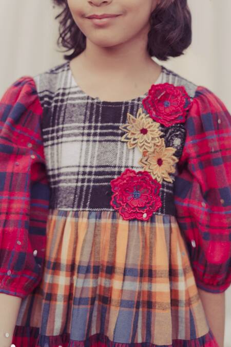 Buy_Bagichi_Red Cotton, Flannel Fabric Flowers Gisele Puff Sleeve Dress _Online_at_Aza_Fashions