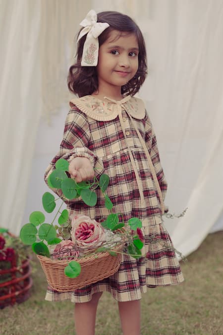 Bagichi_Beige Cotton, Flannel Embroidery Lea Dress _Online_at_Aza_Fashions