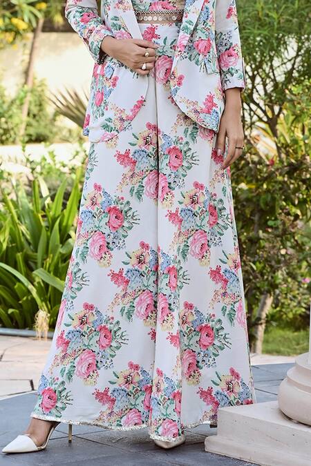 Buy Palak & Mehak White Crepe Metallic Thread, Lisa Blossom Print Blazer Flared Pant Set Buy_Palak & Mehak_White Crepe Metallic Thread, Lisa Blossom Print Blazer Flared Pant Set