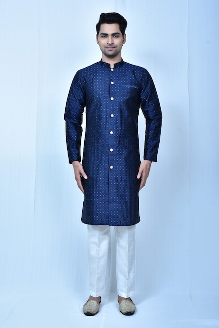 Buy_Arihant Rai Sinha_Blue Silk, Polyester Embroidery Geometric Thread Kurta Set _Online_at_Aza_Fashions