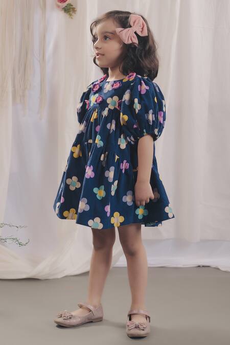 Bagichi Blue Cotton, Corduroy Embroidery Olivia Floral Pattern Dress Online at Aza Fashions Bagichi_Blue Cotton, Corduroy Embroidery Olivia Floral Pattern Dress _Online_at_Aza_Fashions
