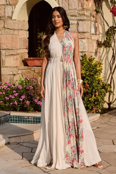 Palak & Mehak Multi Color Crepe, Cotton Embroidery Halter Floral Print Anarakali With Pant Online at Aza Fashions Palak & Mehak_Multi Color Crepe, Cotton Embroidery Halter Floral Print Anarakali With Pant _Online_at_Aza_Fashions